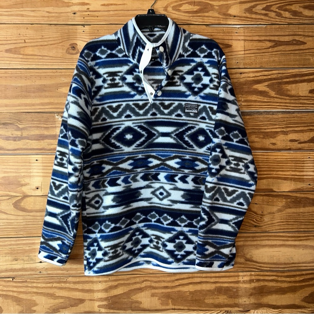 Geometric Blue and White Fleece Pullover